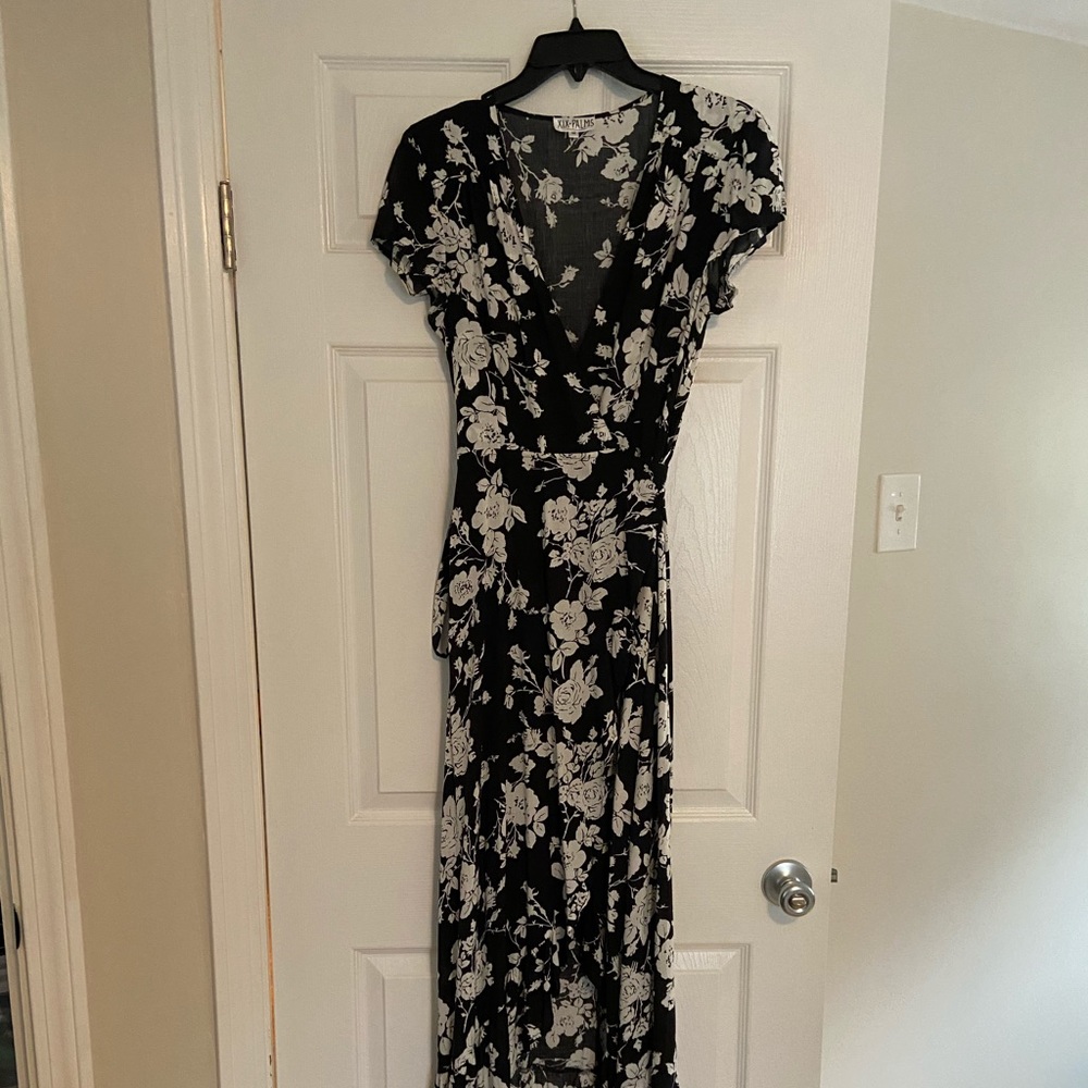 Black and white floral wrap dress